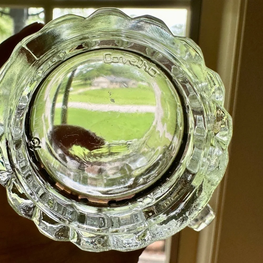 CLEAR PRESSED GLASS CREAMER. HAS COVETRO ITALY MARKED ON BOTTOM.